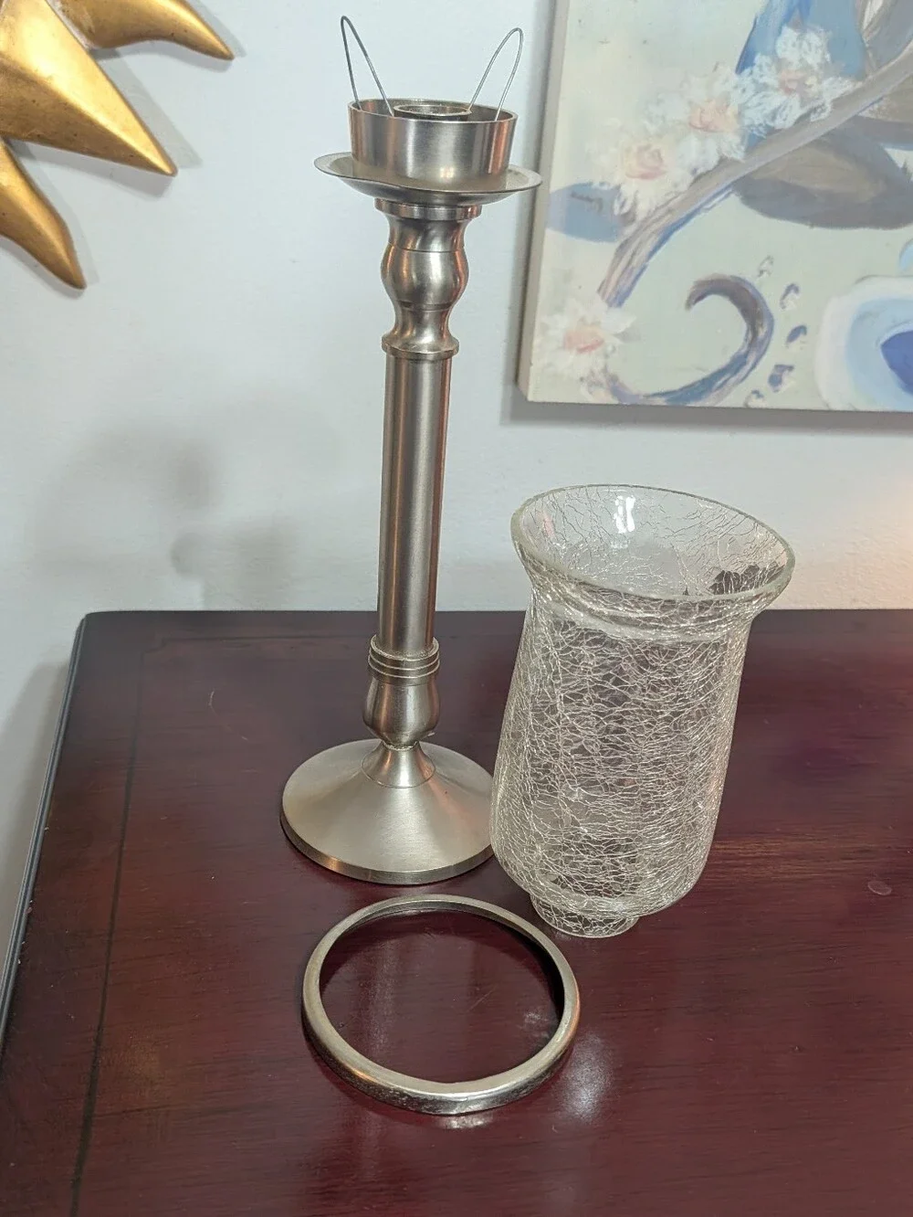 Vintage Brushed Nickel Hurricane Candle Stick Holder 16 3/4